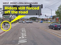 West Point Loma Blvd. showing cyclists riding on sidewalk, 2019